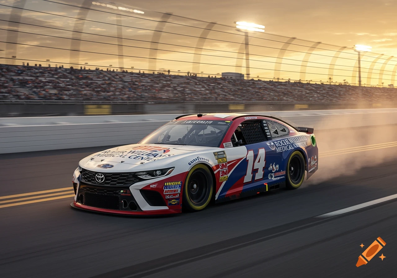 A white, red, and blue NASCAR car with '14' and 'Roger Williams Medical Center' text races on a track at sunset.