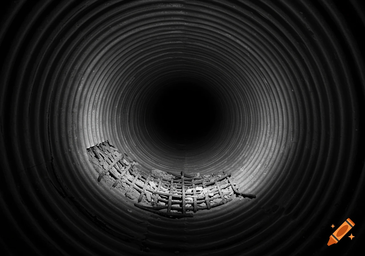 Black and white view inside a corrugated metal pipe with a damaged section of concrete and rebar, leading into darkness.