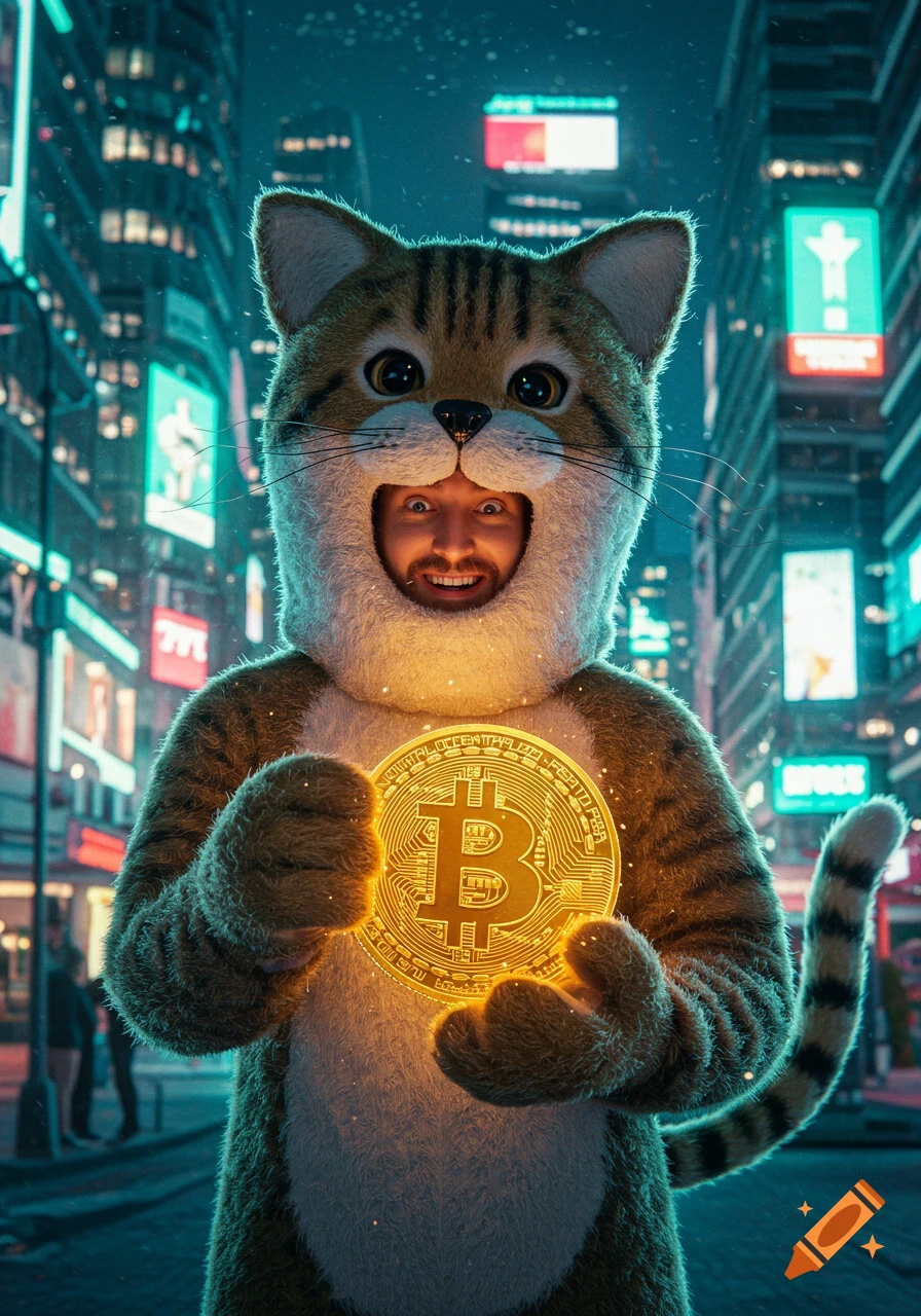 A man in a fuzzy cat costume holds a glowing Bitcoin coin in a neon-lit city at night.