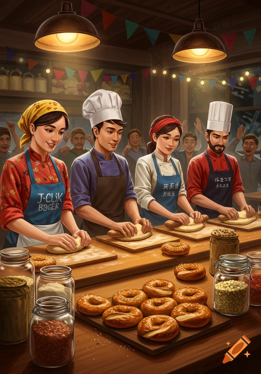 Four diverse bakers kneading dough at a wooden counter with bagels in a lively baking competition scene.