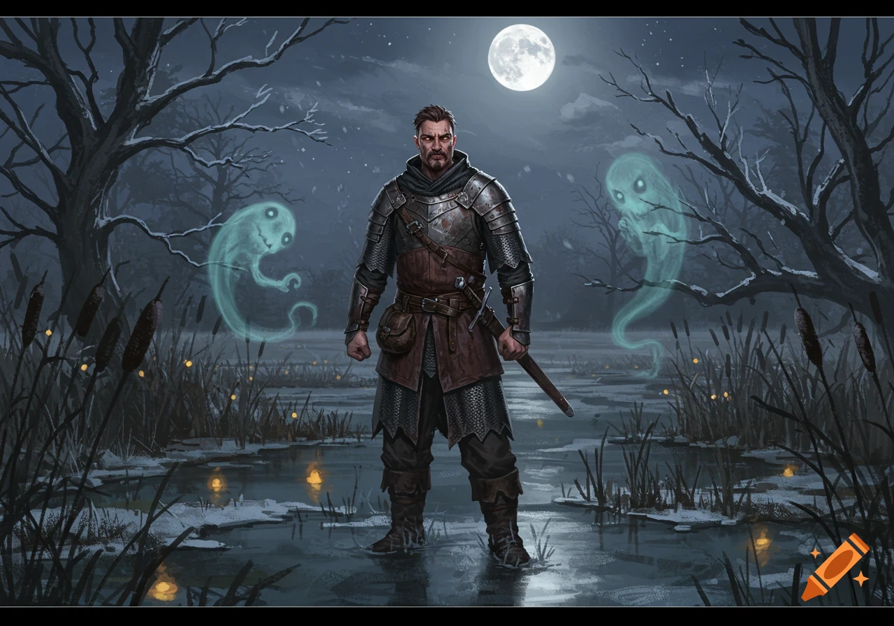 A knight-like warlock stands in a moonlit, ghostly swamp with two ethereal spirits.