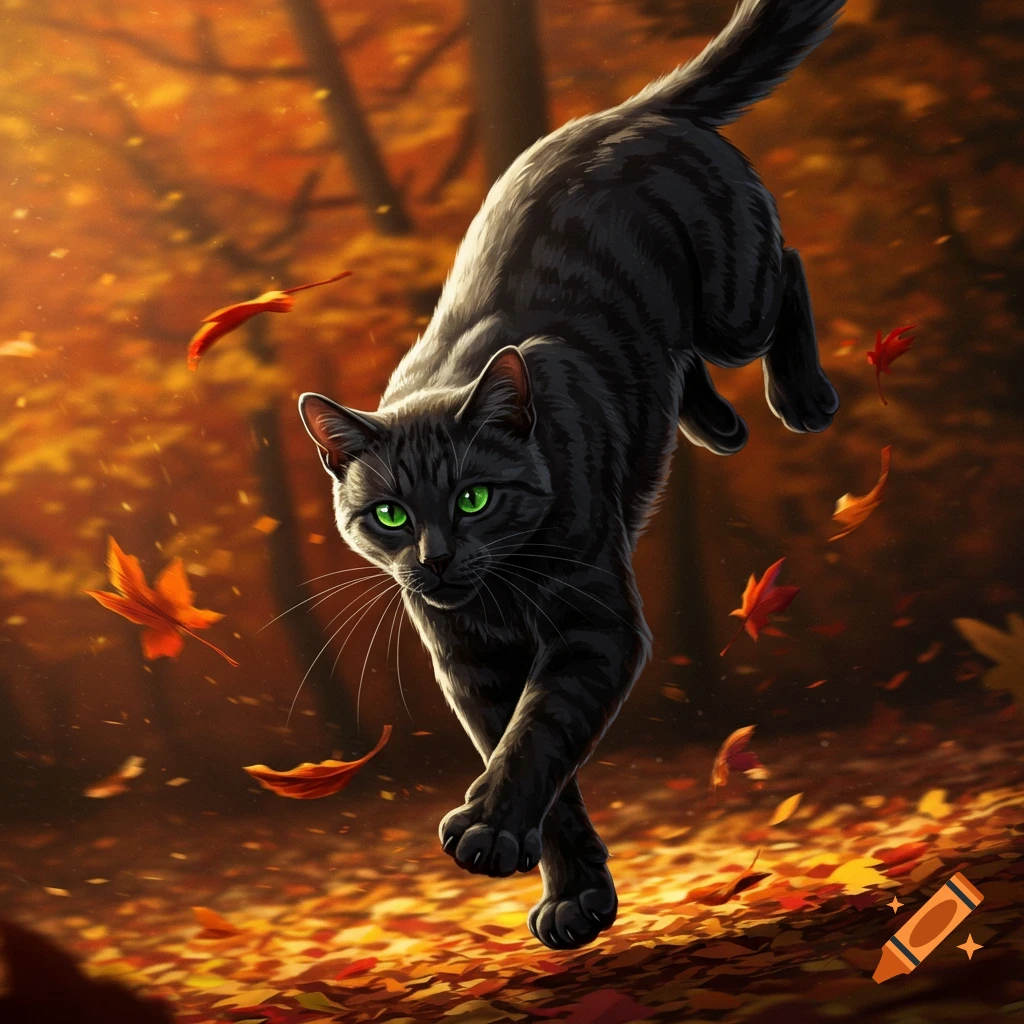 A black tabby cat with bright green eyes pounces through an autumn forest with vibrant orange leaves.
