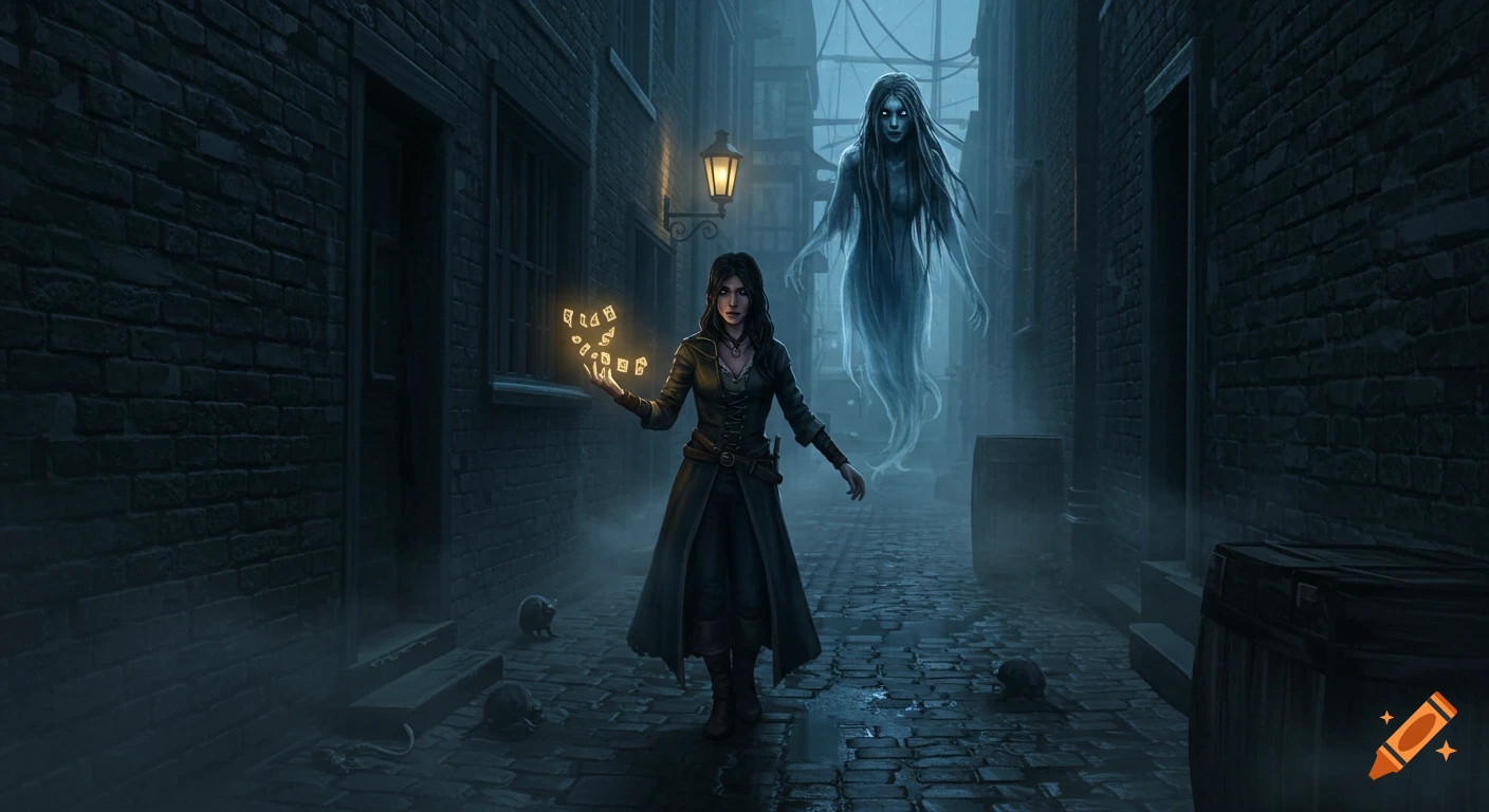 A woman in a dark coat holds glowing runes in an eerie, foggy alley with a pale ghost floating behind her.