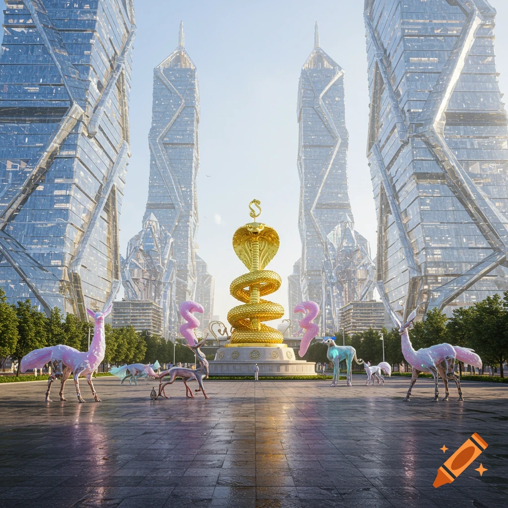A futuristic city square features a towering golden cobra statue with an S symbol, surrounded by tall, reflective crystal skyscrapers and shimmering, abnormal deer-like creatures.