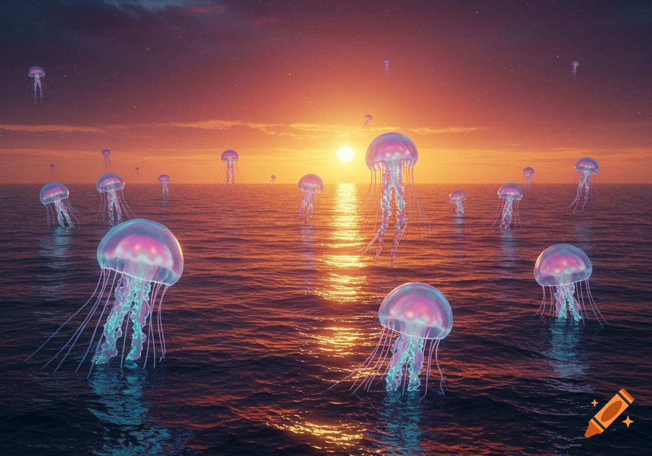Many glowing, vibrant jellyfish float in the ocean at sunset, with a fiery orange sky and reflections on the water.