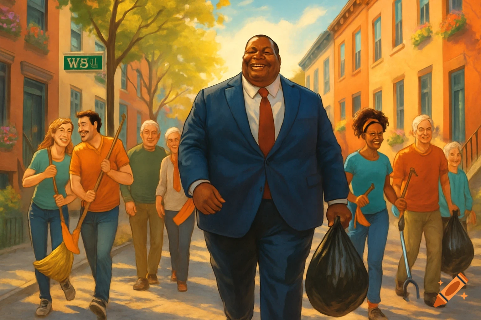 A diverse group of neighbors, including a man in a suit holding a trash bag and others with brooms, walk down an urban street, smiling, in a vibrant illustration.