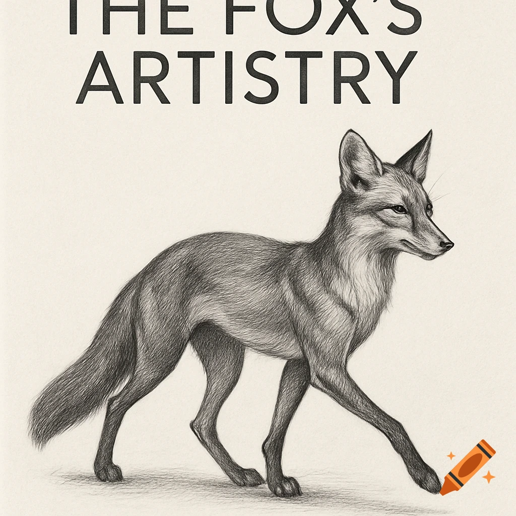A detailed pencil drawing of a fox walking, with the text 'THE FOX'S ARTISTRY' above it.