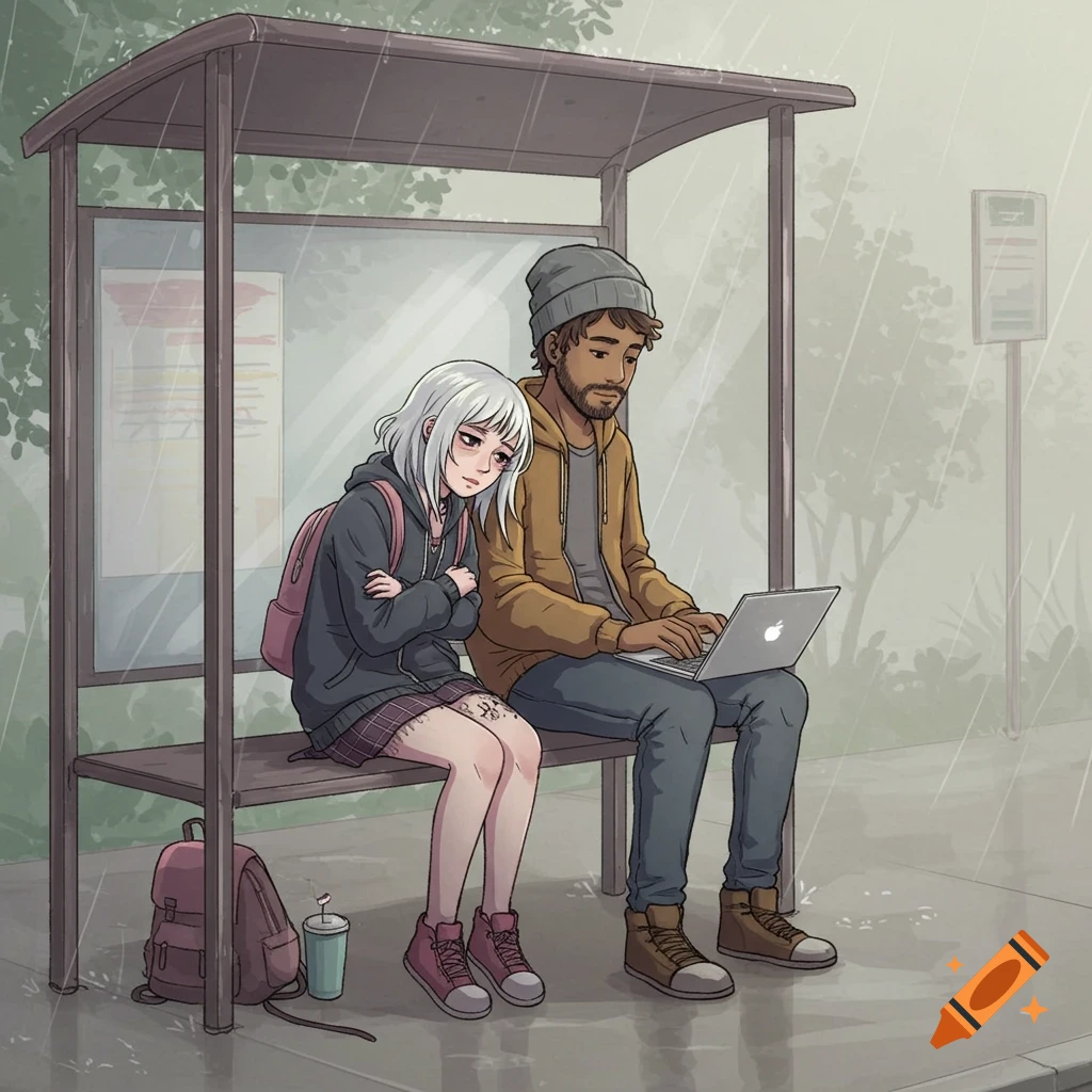 Anime-style illustration of a man on a laptop and a woman with a backpack sitting at a bus stop in the rain.