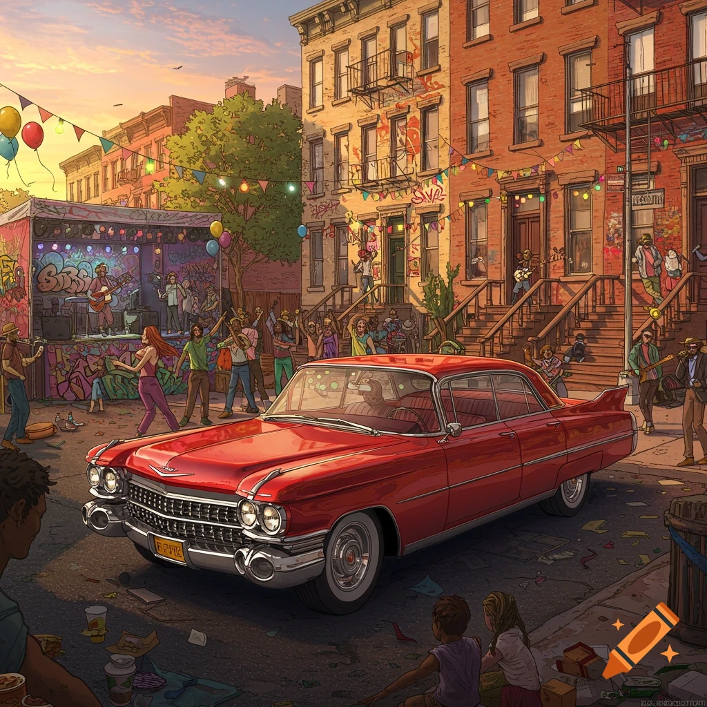 A colorful, cartoon-style depiction of a lively block party with a red vintage Cadillac parked prominently in the street, people dancing and musicians performing on a stage amidst brick buildings under a sunset sky.