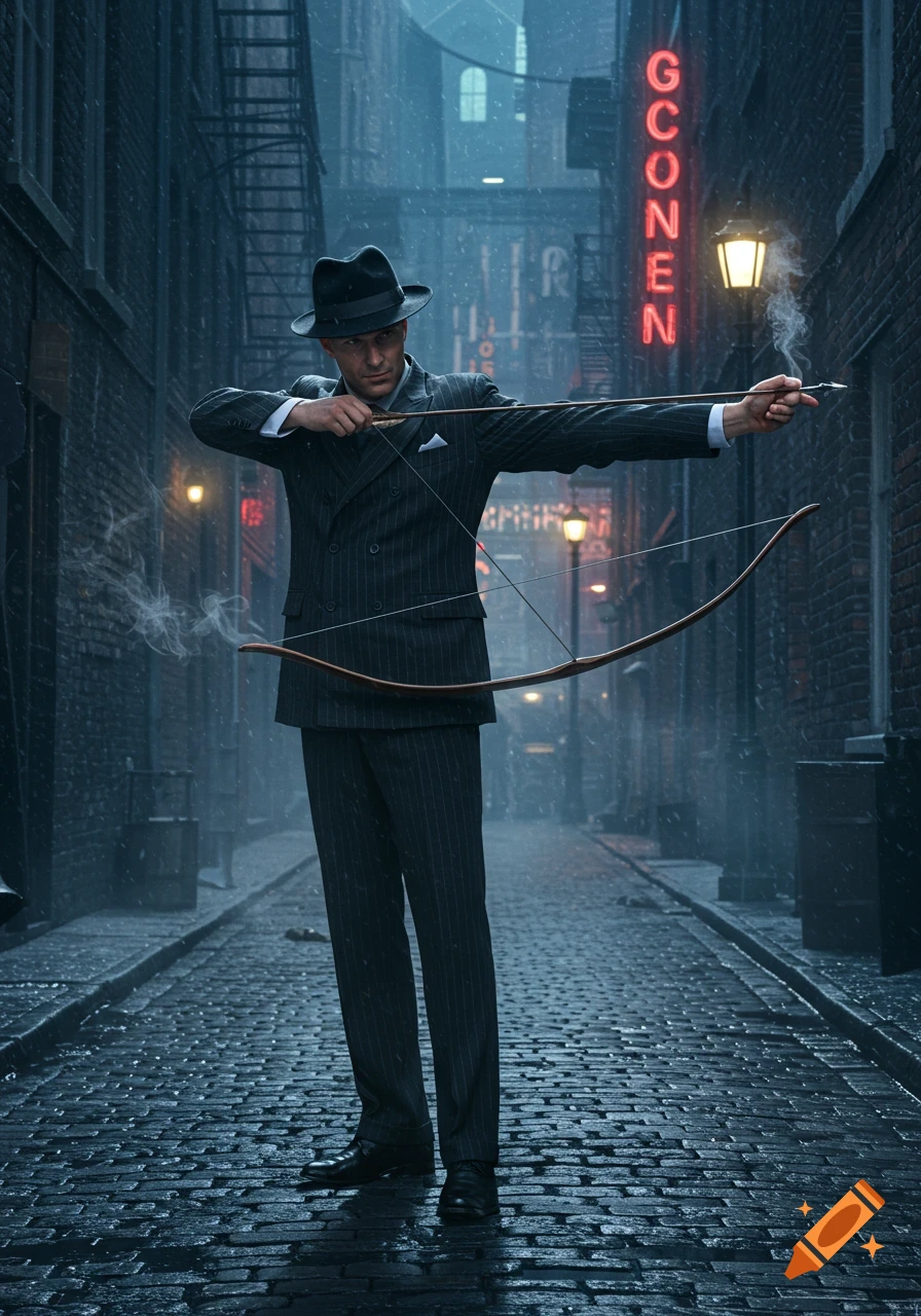 Photorealistic image of a man in a fedora and pinstripe suit drawing a bow in a dark, rainy alley.