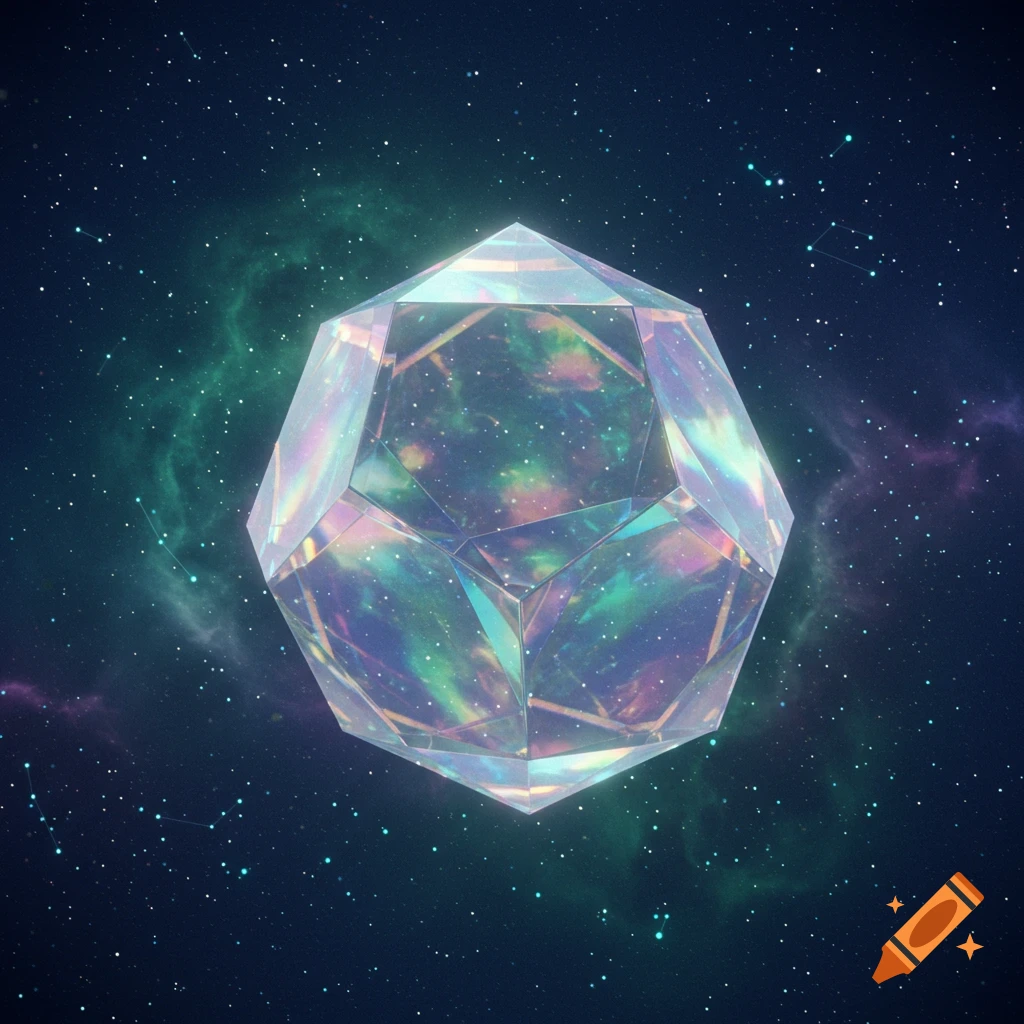 An iridescent crystal icosahedron floats in deep space amidst stars and colorful nebulae.