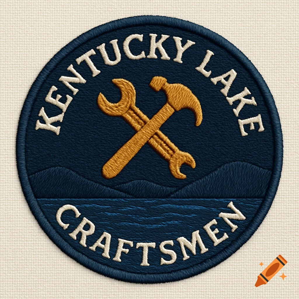 Circular embroidered patch with 'Kentucky Lake Craftsmen' text, a crossed wrench and hammer, and a lake with hills.