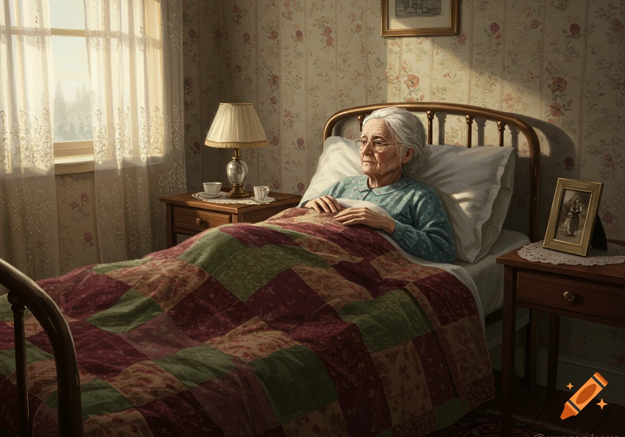 An elderly woman with white hair and glasses lies pensively in bed under a colorful quilt in a sunlit, photorealistic bedroom.