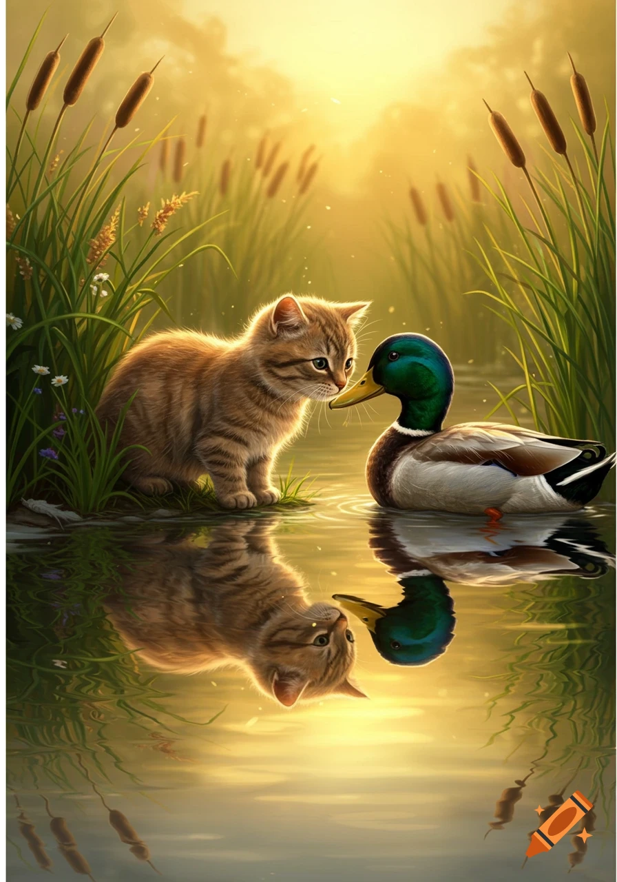 A tabby kitten sits by a pond looking at a mallard duck floating on the water at sunset.