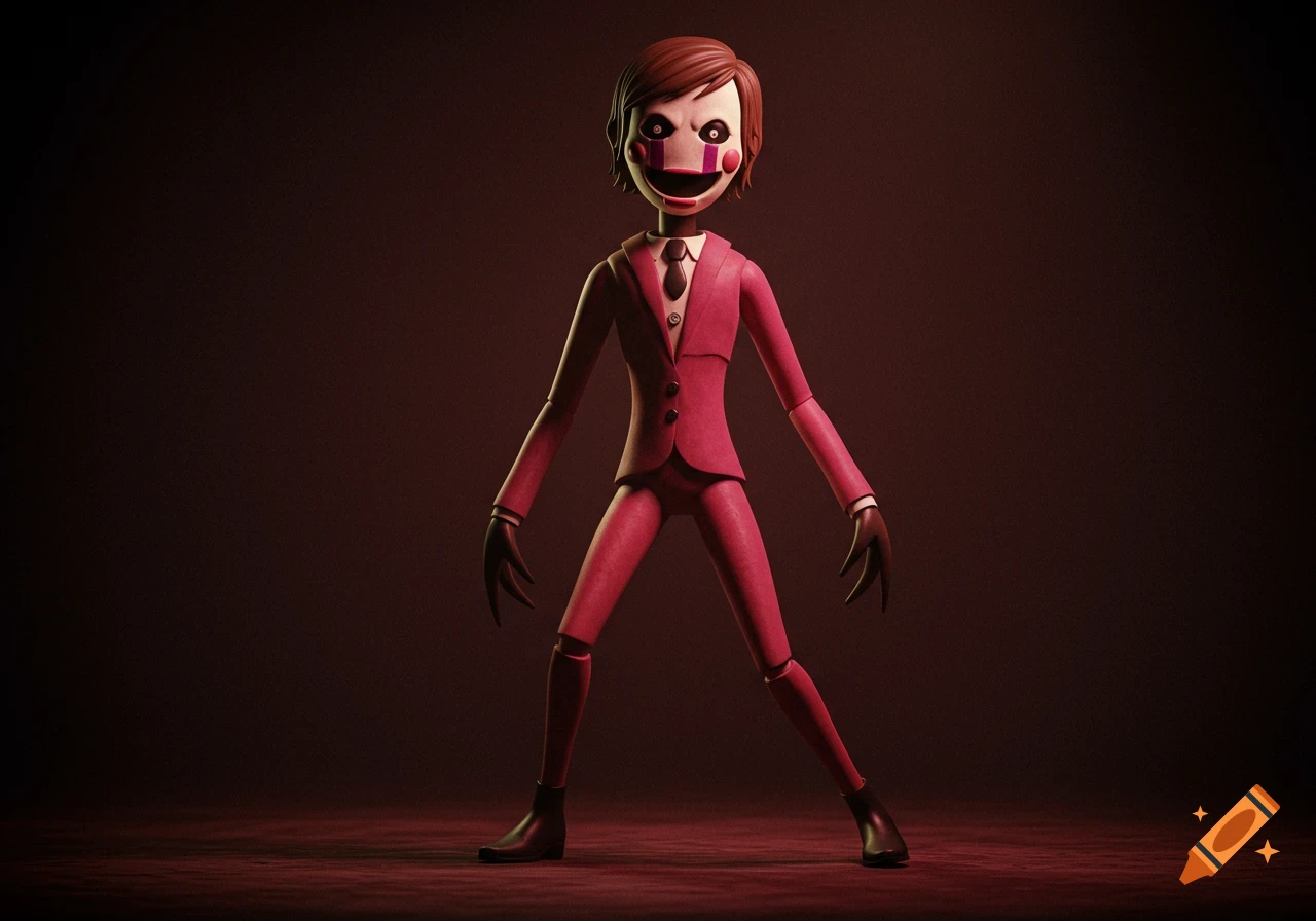 A creepy stylized marionette puppet in a pink suit with a white painted face and big red lips, standing against a dark, grainy background.