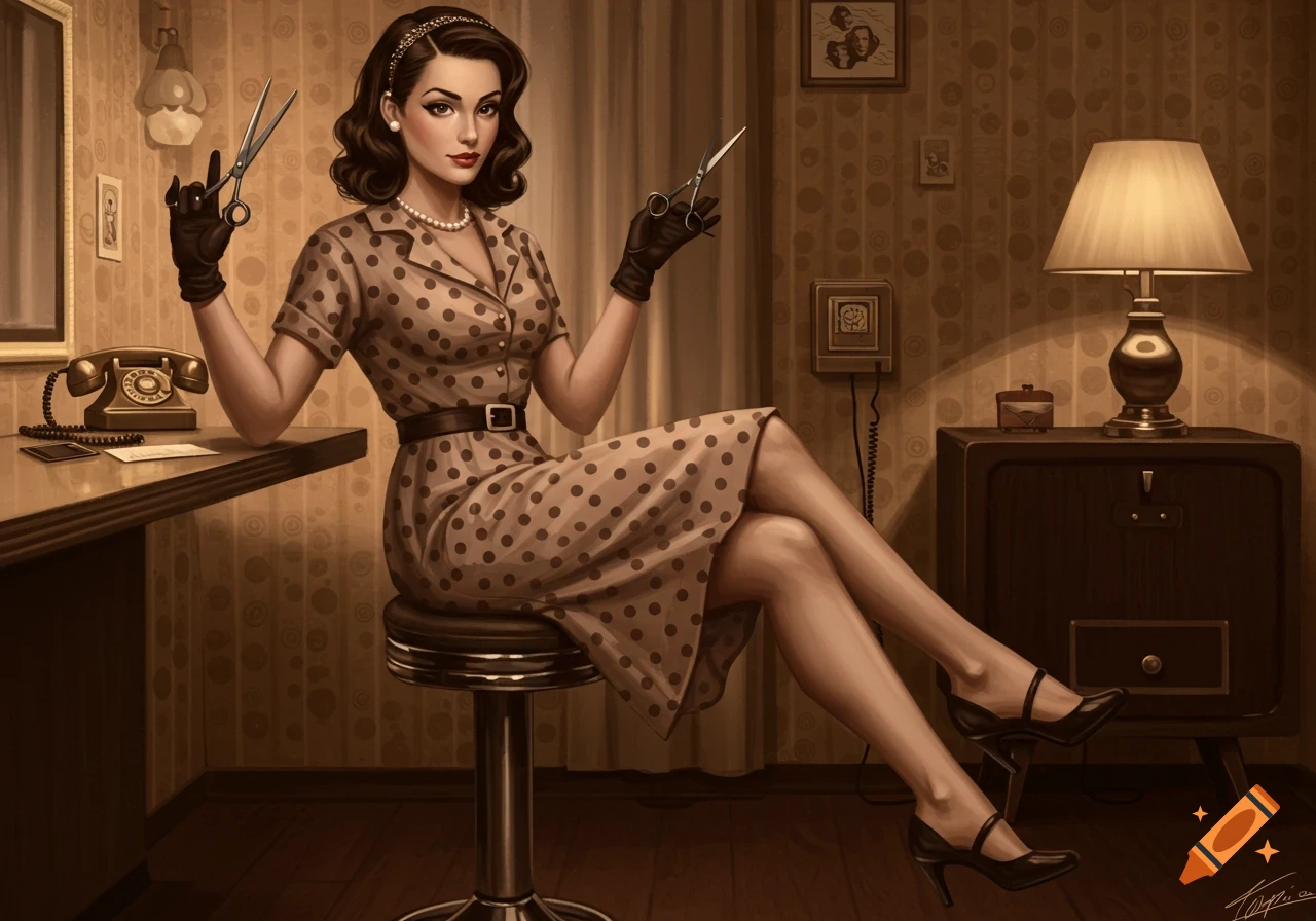 A stylish woman in a polka-dot dress and gloves sits on a stool, holding open scissors in a vintage-style room.