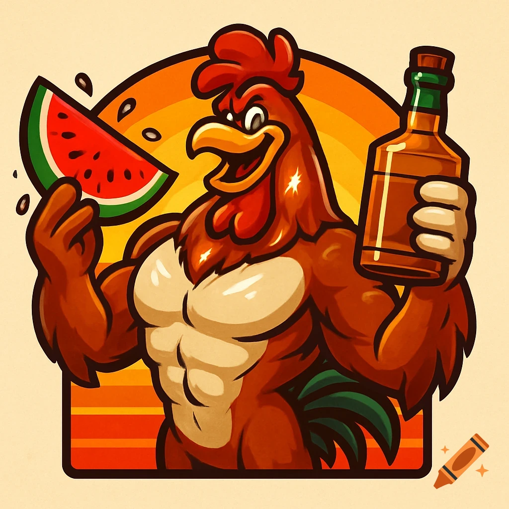 A muscular, cartoon rooster in a logo style holds a slice of watermelon and a bottle of whiskey.