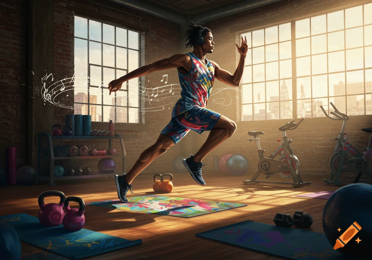 A fit man in a colorful outfit with headphones runs through a sunny gym, surrounded by musical notes and exercise equipment.