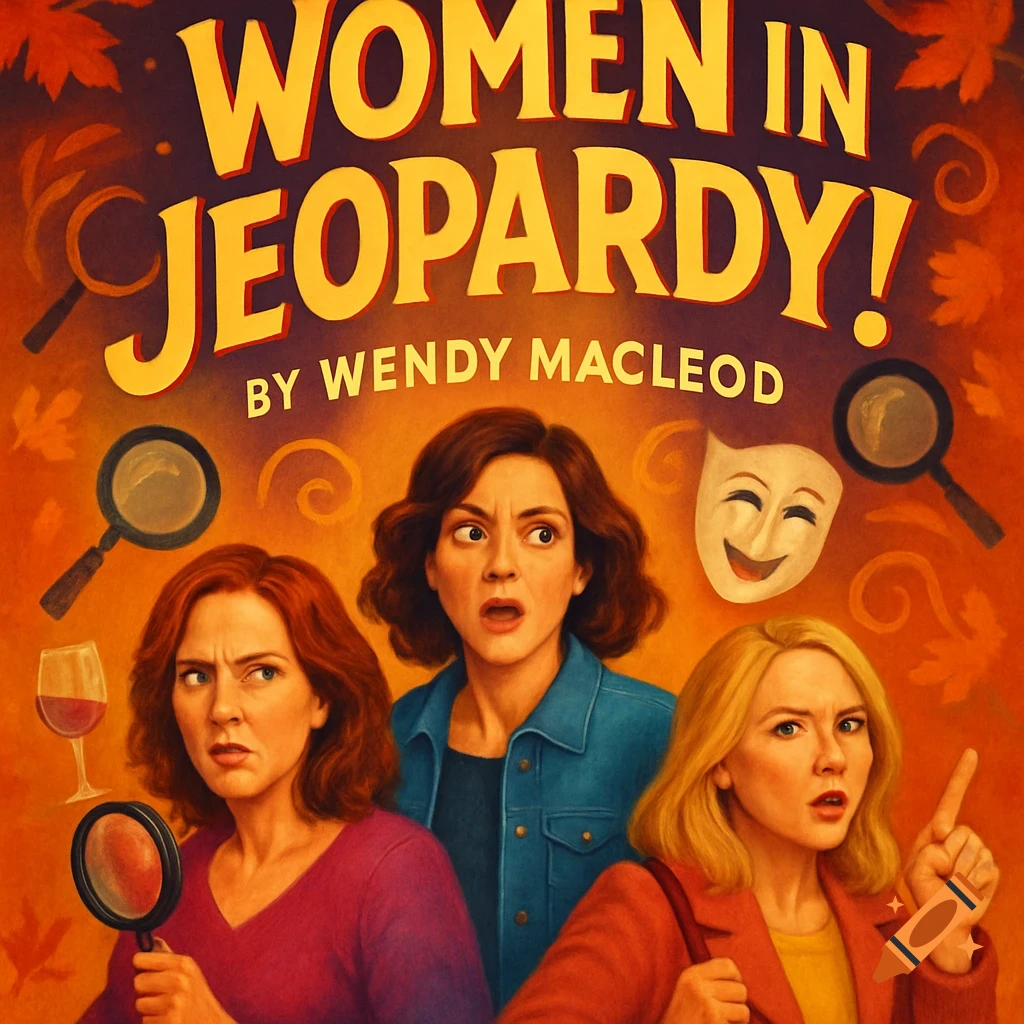 Dramatic illustration for 'Women in Jeopardy!' play poster featuring three surprised women, a theater mask, and magnifying glasses.