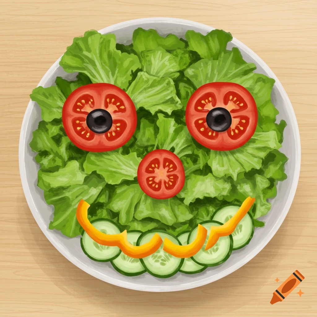A white bowl of green lettuce arranged as a smiley face, with tomato and olive eyes, a tomato nose, and a cucumber and bell pepper smile, on a wooden table.