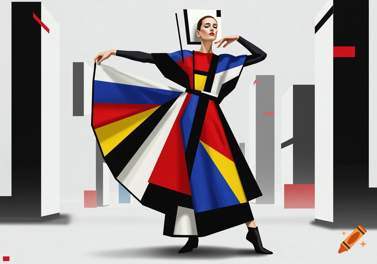 A woman poses in a De Stijl inspired dress featuring geometric blocks of red, blue, yellow, black, and white in a minimalist setting.