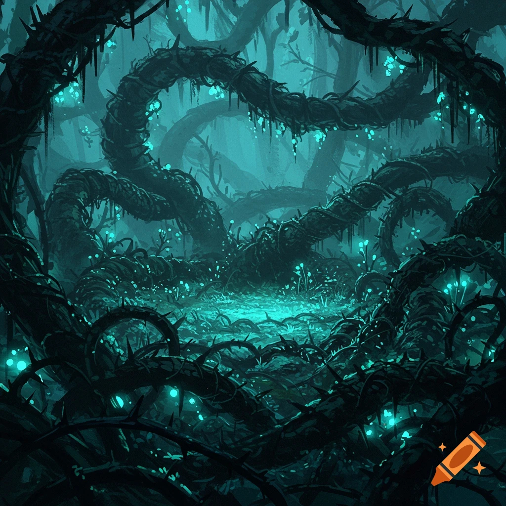 A dark, mysterious alien forest clearing with thick, thorny vines and glowing blue-green bioluminescent plants. Digital painting.