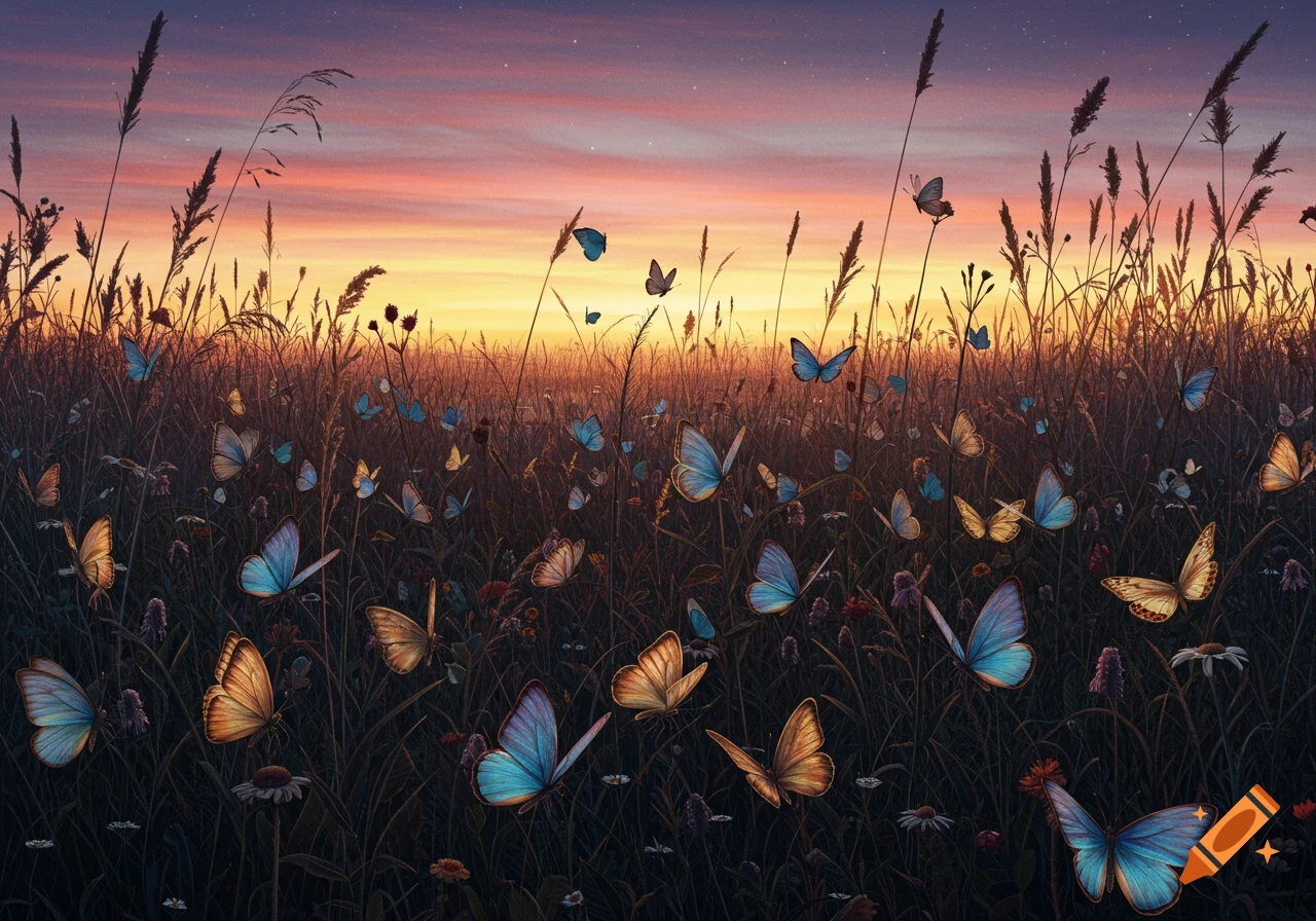 A field of colorful butterflies flying and resting among tall grasses and flowers at twilight, with a vibrant orange and purple sky.