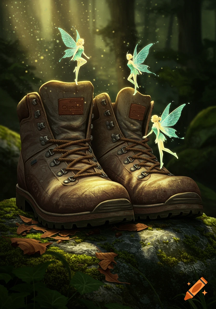 Two brown hiking boots sit on a mossy rock in a forest, with three small, glowing fairies hovering around them. Golden light filters through the trees.