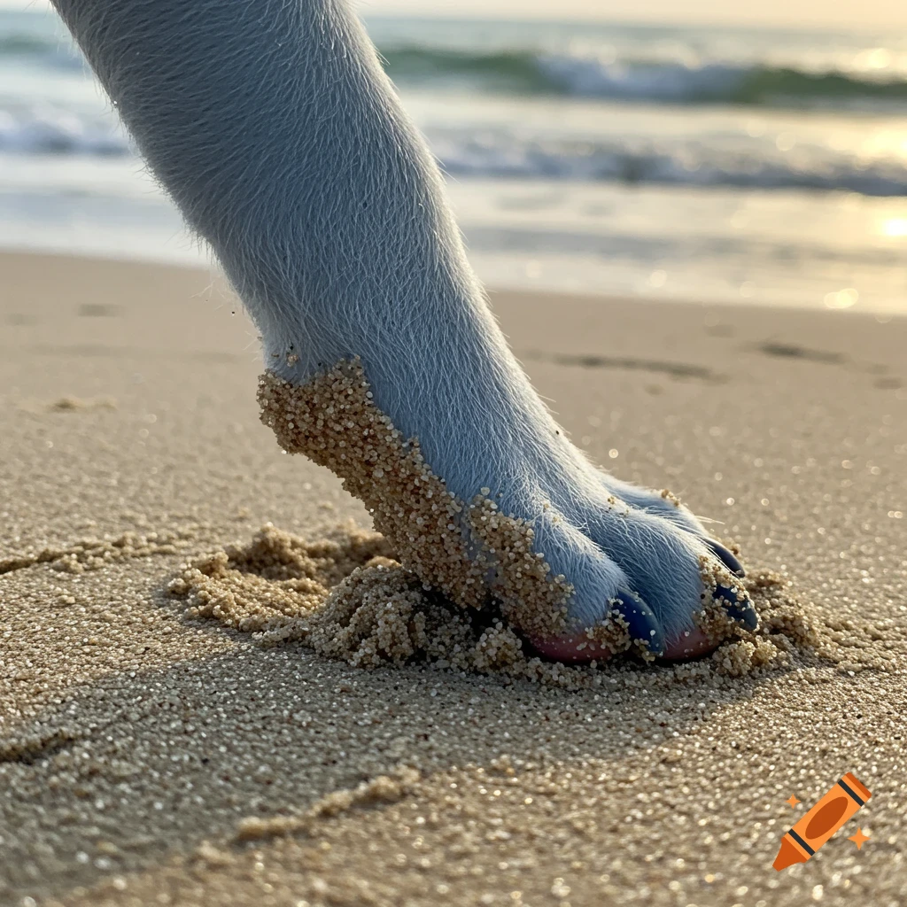 A close-up of a blue-furred dog's paw with blue nail polish, covered in sand on a beach with the ocean in the background.