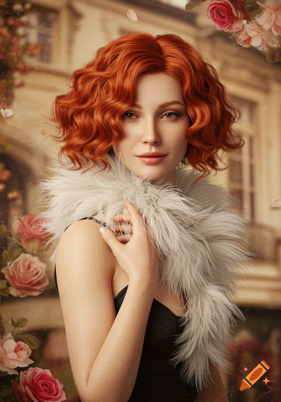 Photorealistic portrait of a woman with curly red hair, wearing a white feather boa and black top, with pink roses in the background.
