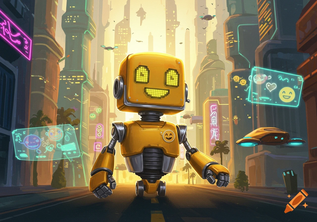 A yellow, happy robot stands on a road in a futuristic city with glowing neon signs and flying vehicles at sunset, in a cartoon style.