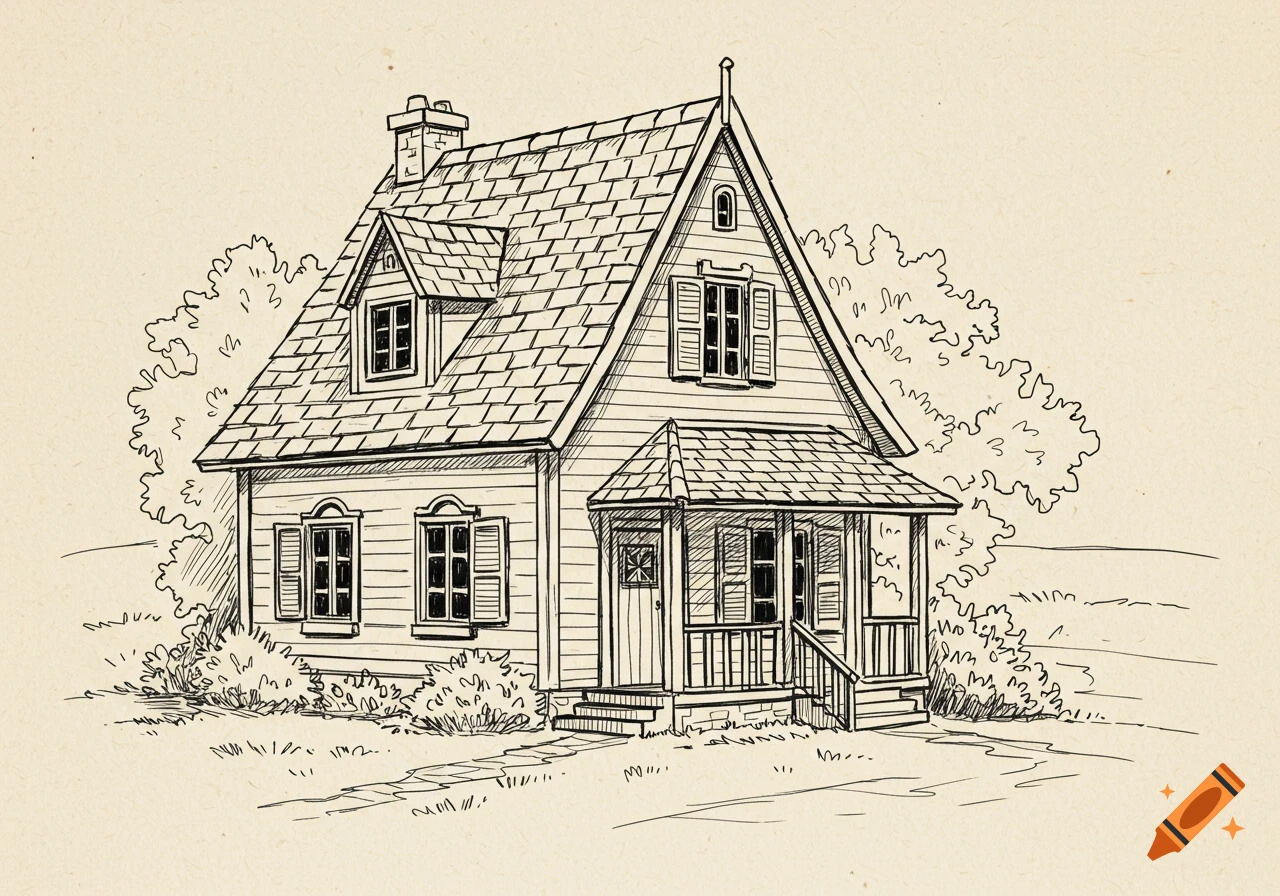 Line drawing of a small village house with a chimney and a porch, surrounded by bushes, on a light beige background.