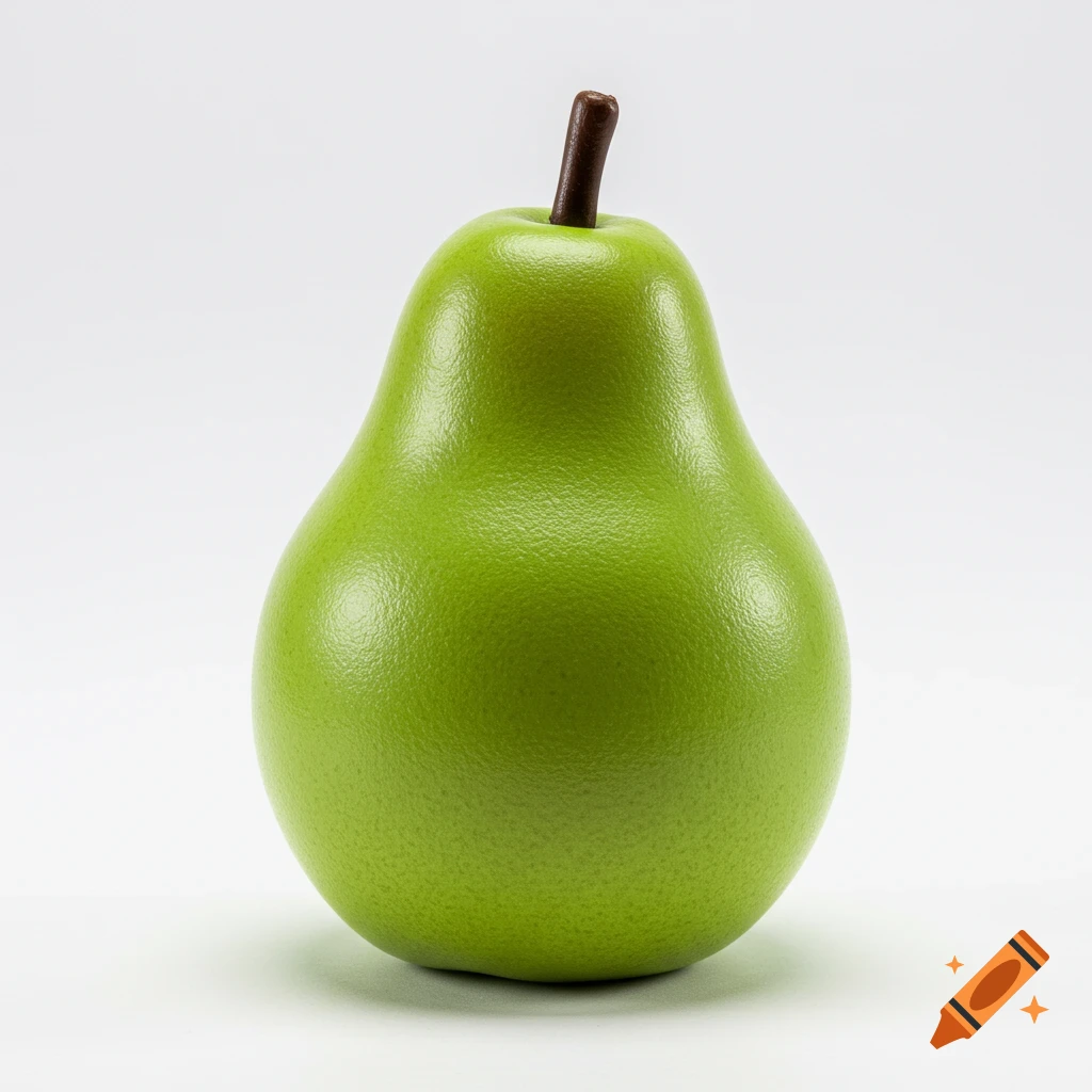 A vibrant green plastic pear with a brown stem, isolated on a seamless white background.