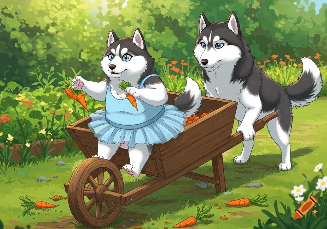 Cartoon Siberian husky in a blue tutu sits in a wooden wheelbarrow filled with carrots, while another husky pushes it through a vibrant garden.