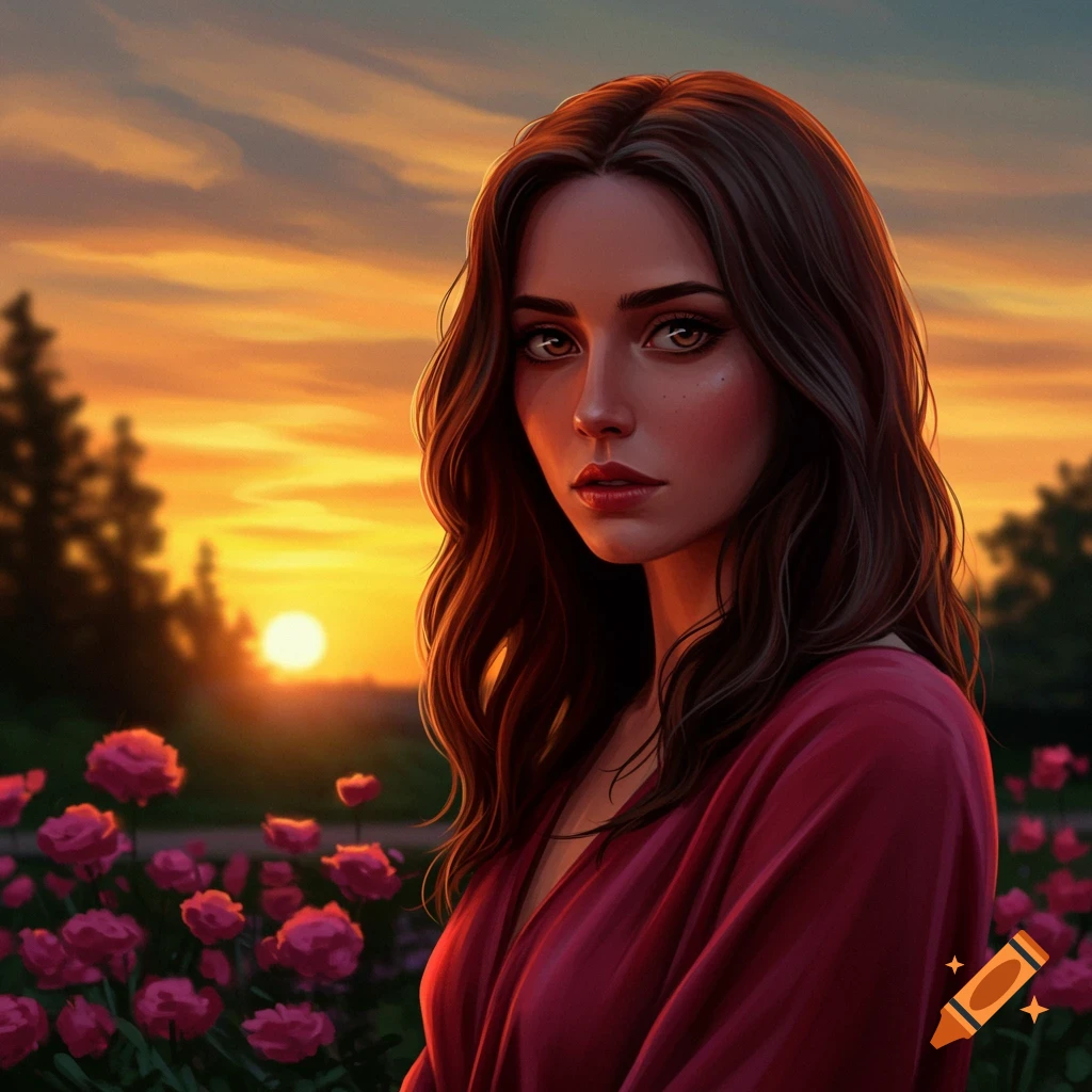 A beautiful woman with long brown hair in a red dress looking forward, against a vibrant sunset sky and a field of pink roses.