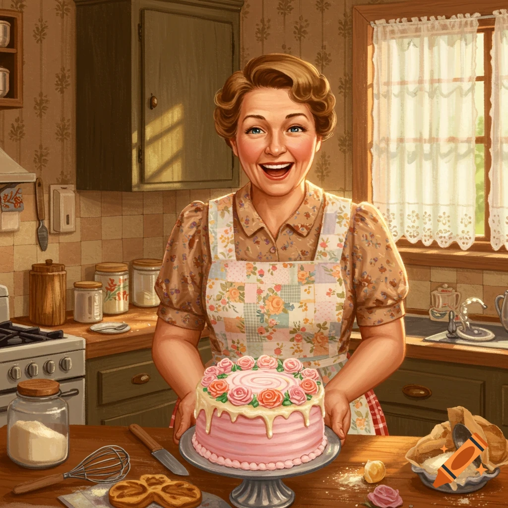 A smiling woman in a floral apron holds a pink decorated cake in a rustic kitchen.