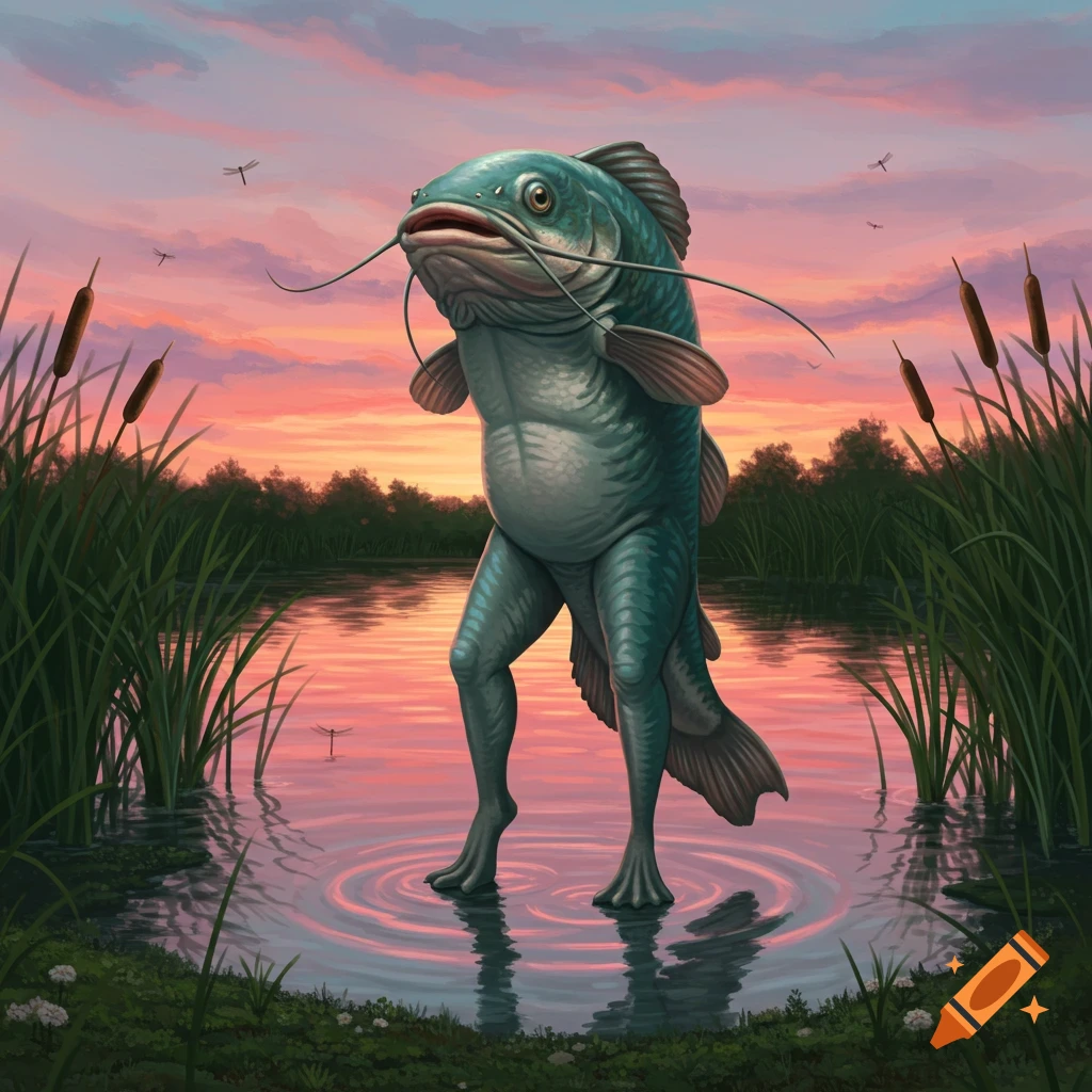 A large catfish with human legs stands in a shallow pond at sunset, surrounded by reeds and cattails.