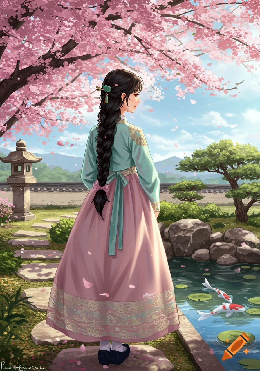 Illustration of a Korean girl in a pink Hanbok standing in a traditional garden with pink cherry blossom trees and a koi pond.
