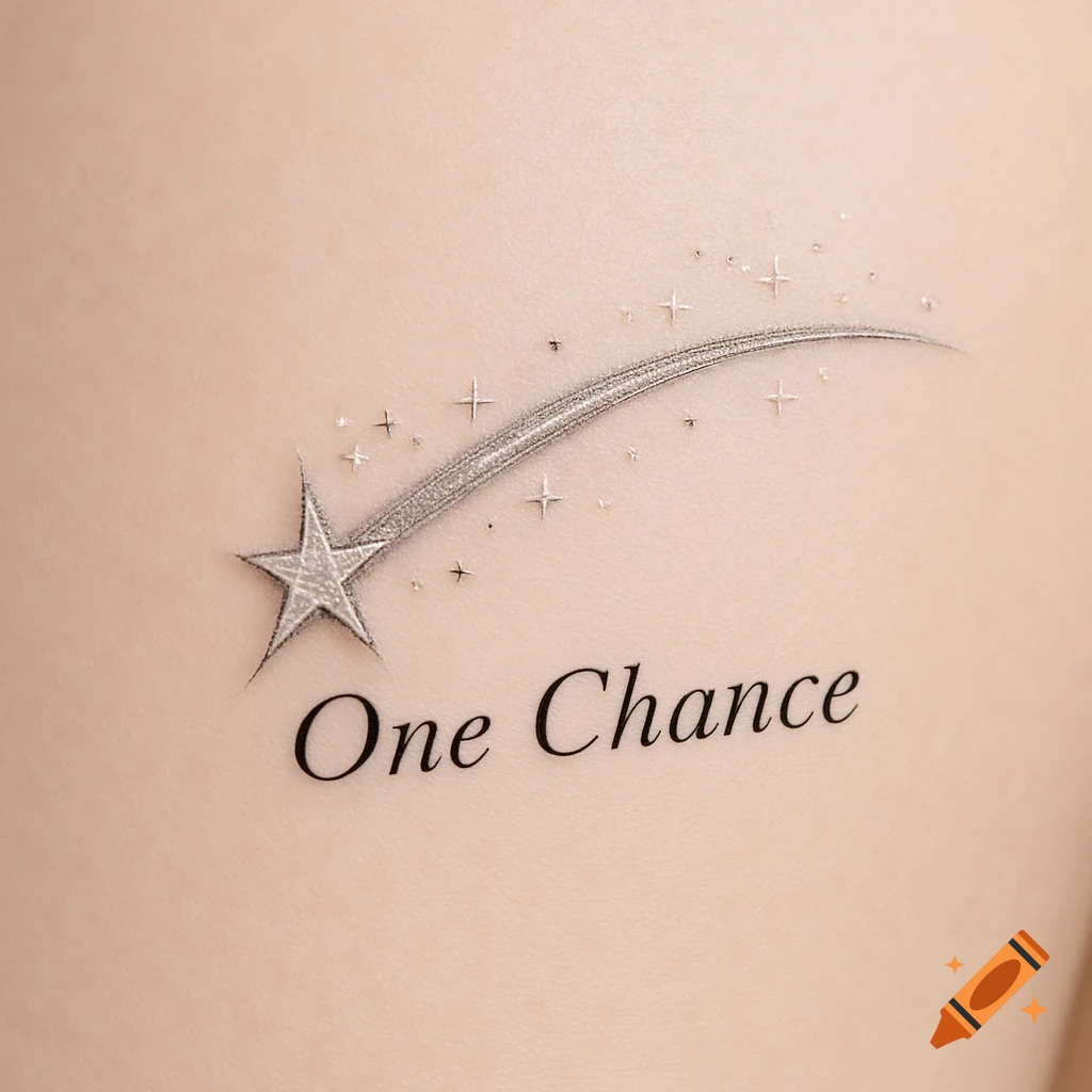 A minimalist tattoo of a silver shooting star with sparkles and the words 'One Chance' on light skin.