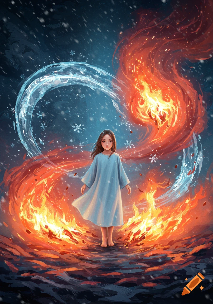 A young girl stands calmly amidst swirling magical ice and fire, with snowflakes falling in an illustrative style.