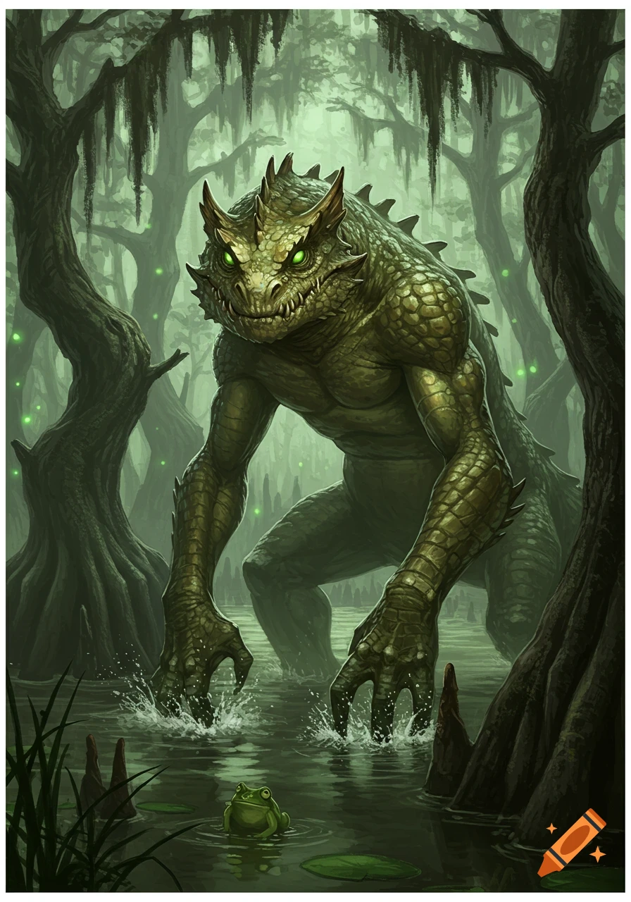 A large, green, scaly swamp monster with glowing eyes stands in murky water, making splashes, with a small frog in the foreground.