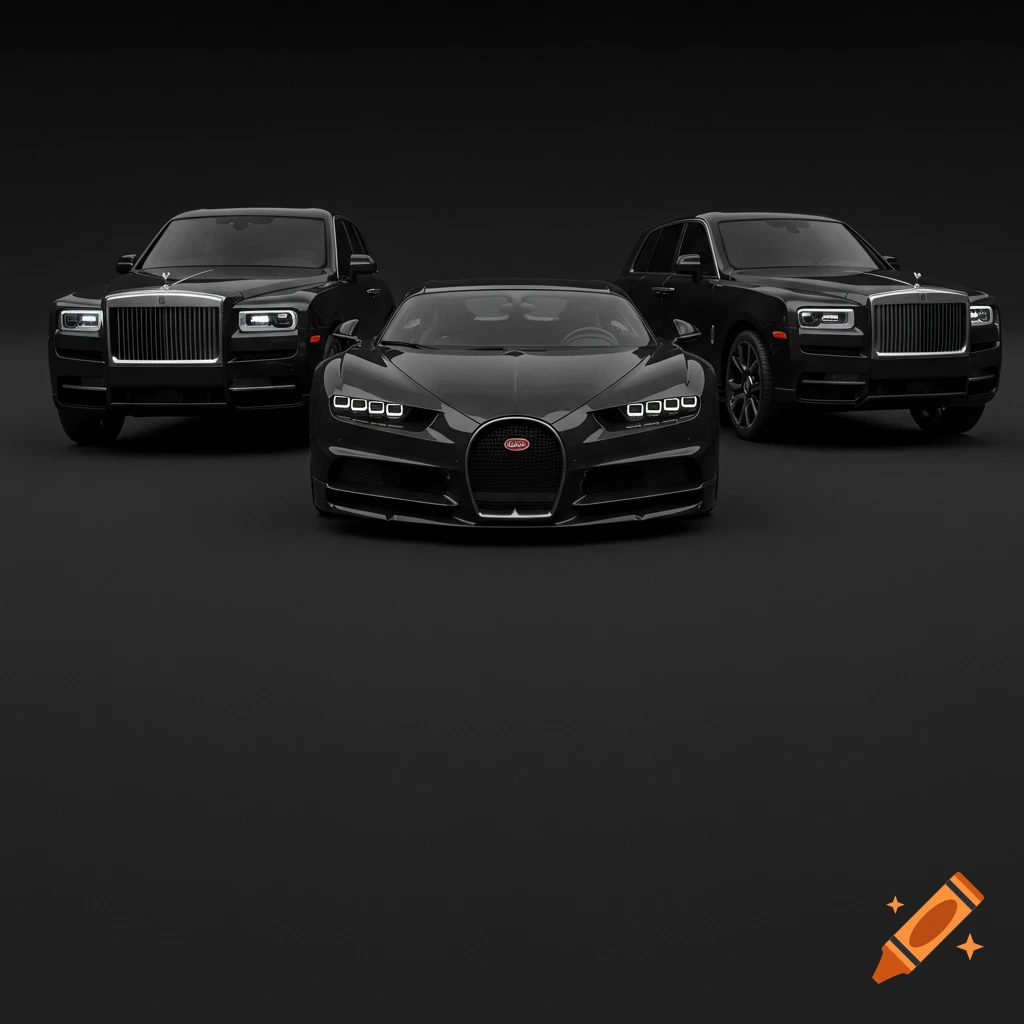 Three black luxury cars, two Rolls-Royce Cullinans flanking a Bugatti Chiron Super Sport, on a dark background.