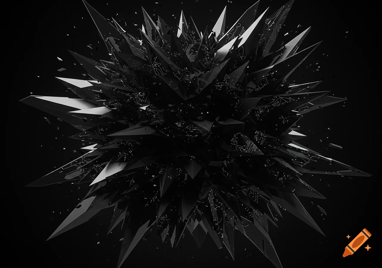 Abstract black geometric mass with sharp, splintered edges and fine circuitry patterns against a dark background.