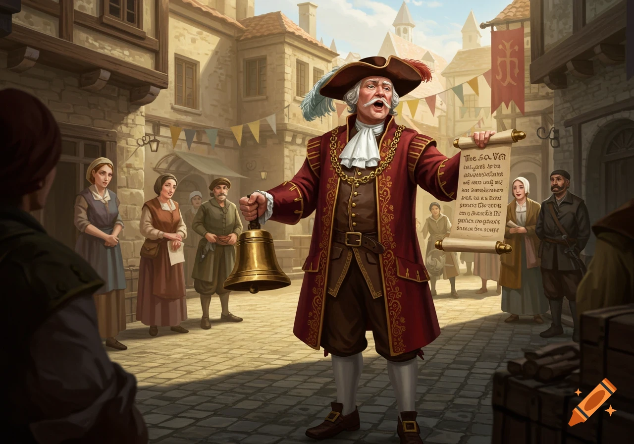 A town crier in a red coat and feathered hat rings a bell and holds a scroll, addressing a crowd in a bustling medieval town square.