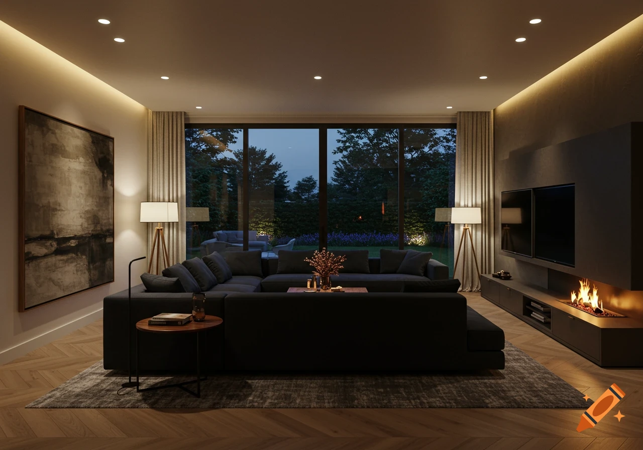 Photorealistic image of a modern living room at night with a large sofa, fireplace, and windows overlooking a garden.