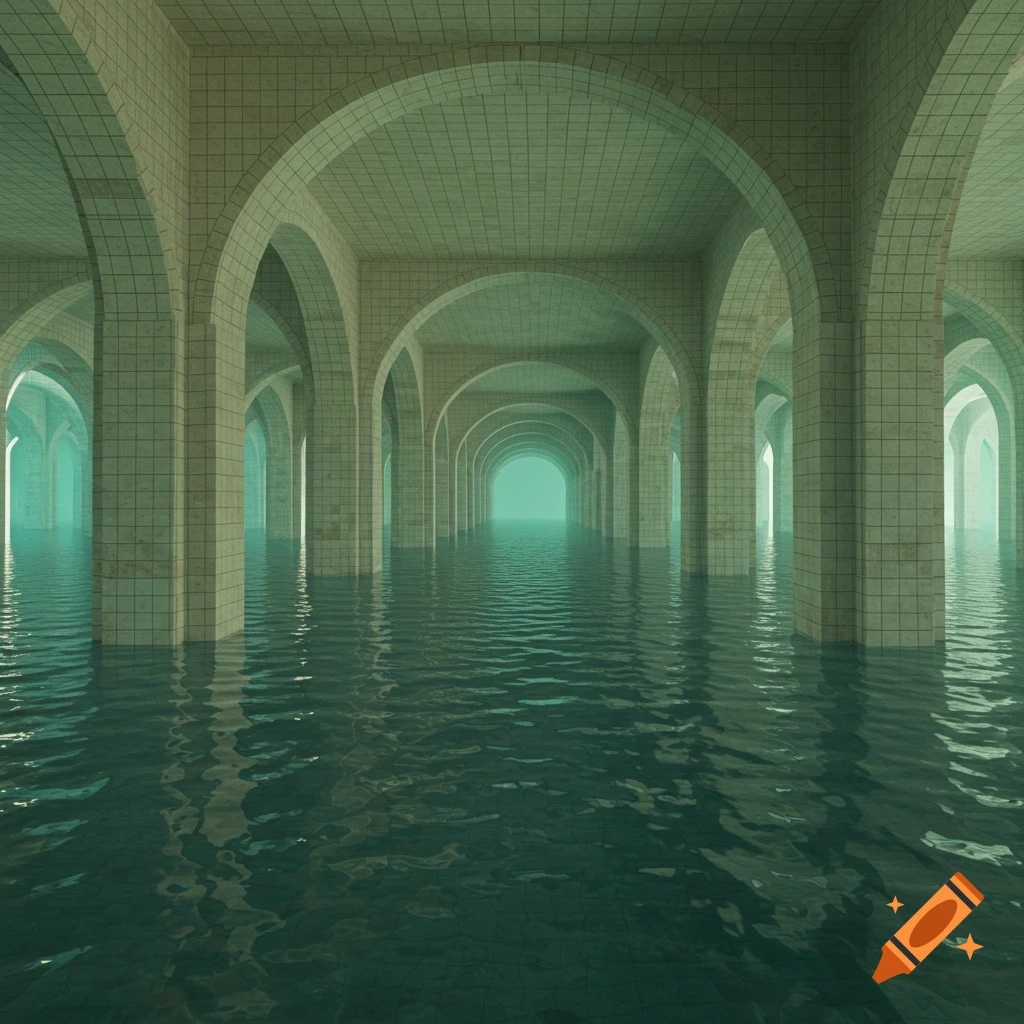 Vast flooded liminal space with numerous arched columns, tiled walls, and reflective water extending into a misty distance.