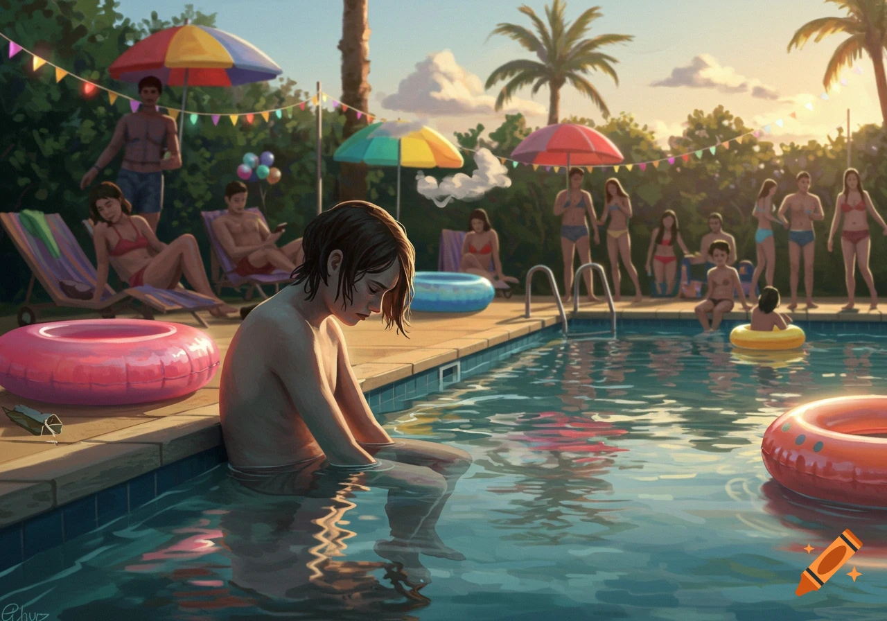 A sad person sits on the edge of a sunlit pool during a crowded pool party, digital painting.