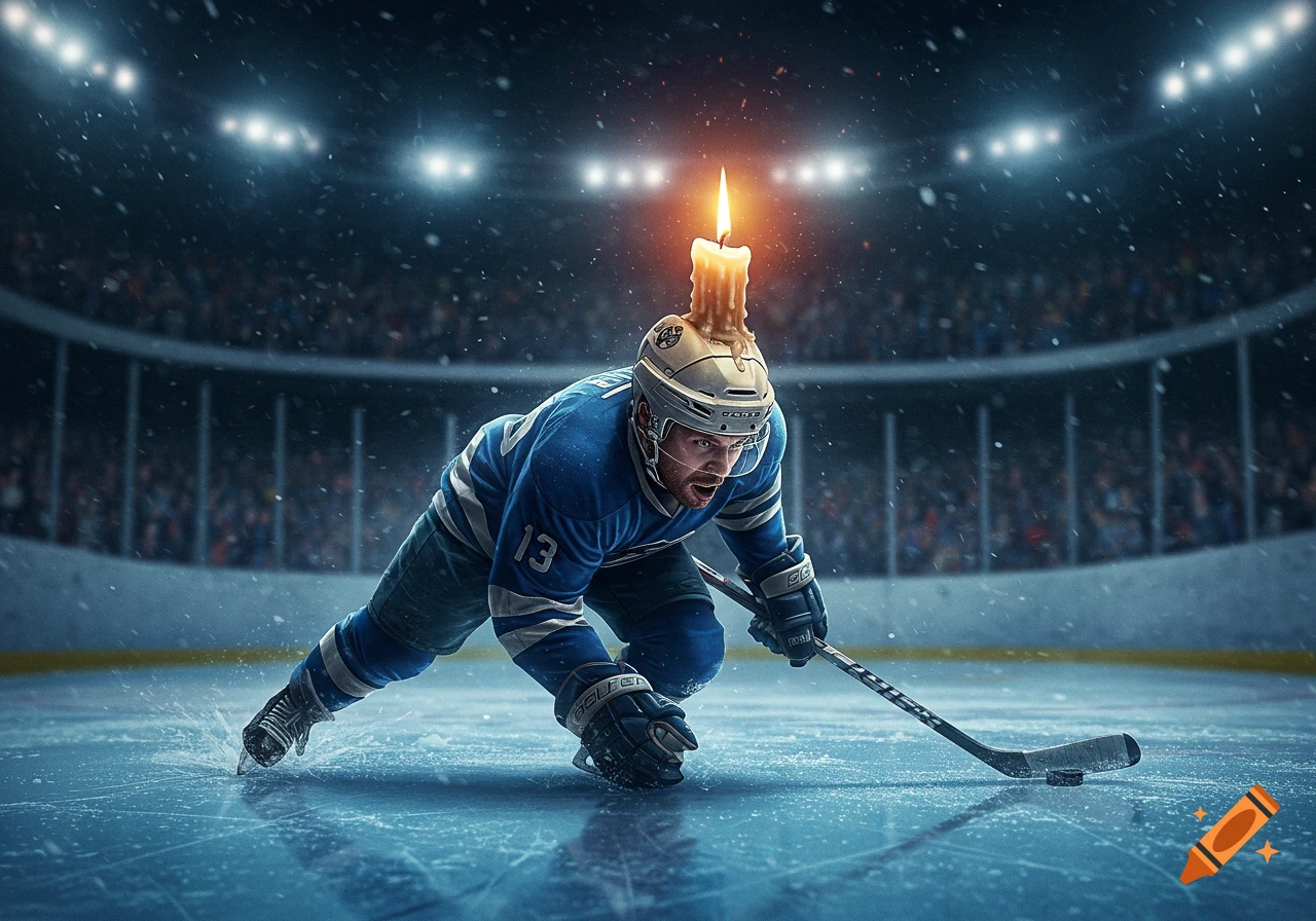 Photorealistic image of a hockey player in a blue jersey with a lit candle on his helmet, on an ice rink during snowfall.