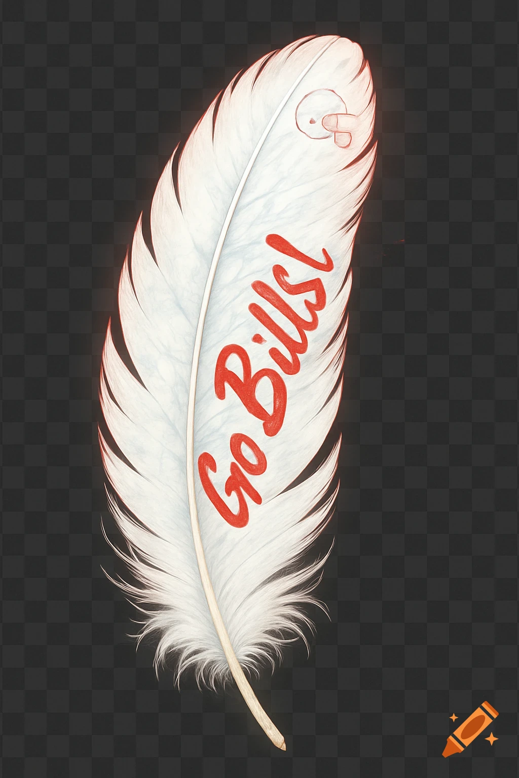 A white feather with red brushed script text that reads 'Go Bills!' and a subtle outline of a football helmet near its tip.