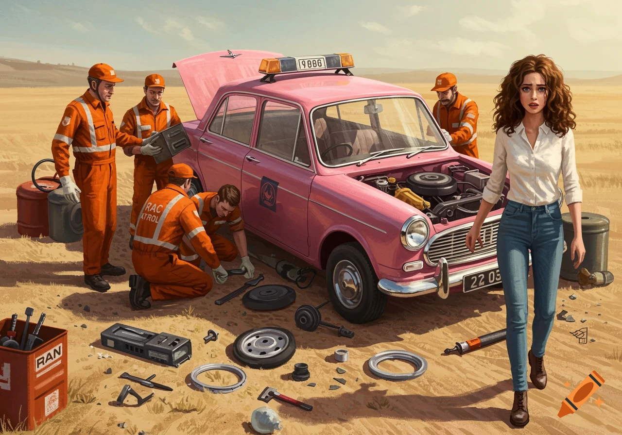 RAC patrol mechanics fix a broken-down pink car in a desert landscape as a distraught woman stands nearby, in a detailed illustration style.